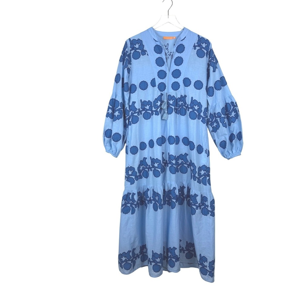 Oliphant Blue Embroidered Floral Applique Puff Sleeve Maxi Dress Medium - Picture 5 of 16